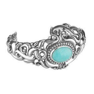 CAROLYN POLLACK Lovely Sterling Silver Genuine Amazinite Cabochon Cuff Bracelet